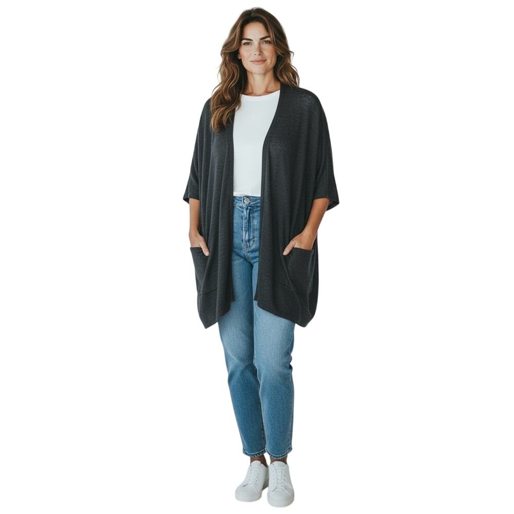 EILEEN FISHER Women’s Charcoal Gray Drop Shoulder Button Front Poncho